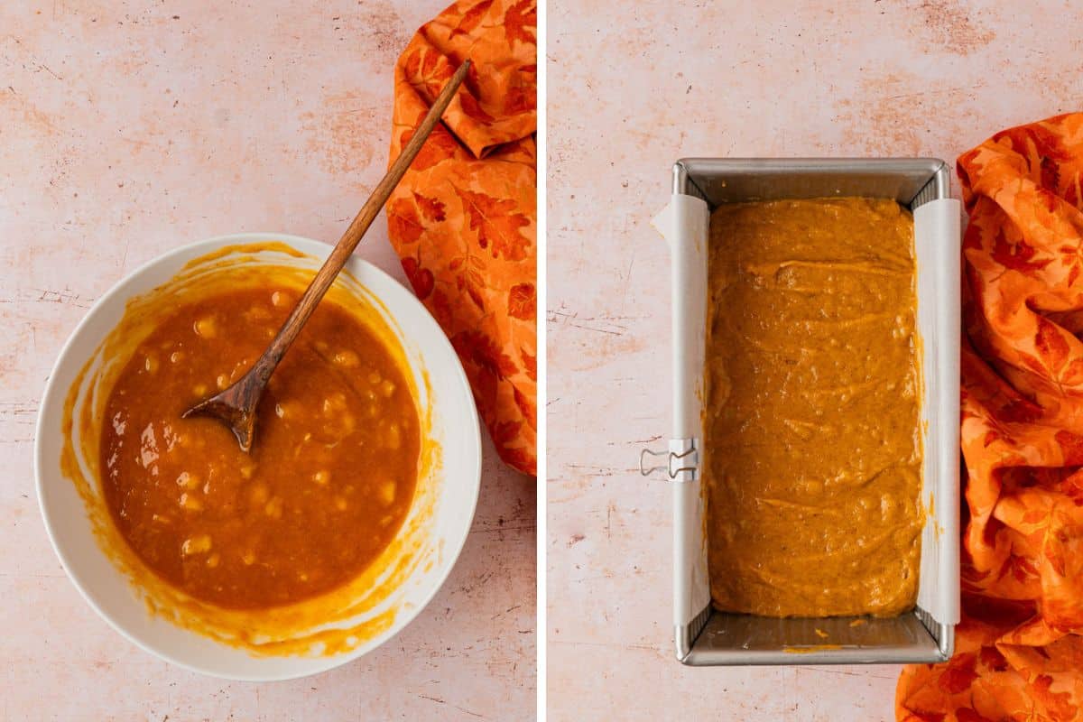 Two-image collage of pumpkin banana bread batter mixed in a bowl, then poured into a parchment-lined loaf pan