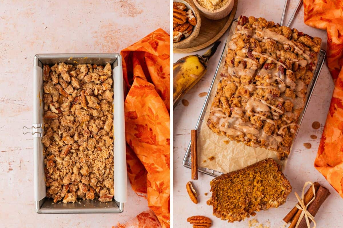 Two-image collage of unbaked pumpkin banana bread topped with pecan streusel in a loaf pan, next to the fully baked and glazed loaf on a cooling rack