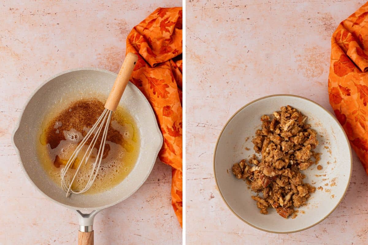 Two-image collage showing browned butter with cinnamon whisked in a saucepan, and the finished pecan streusel topping in a bowl