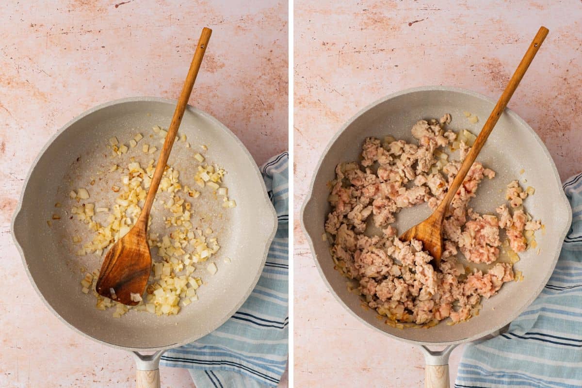 Diced onion sautéing in a skillet, then ground turkey browning with a wooden spoon for a sweet potato turkey skillet.