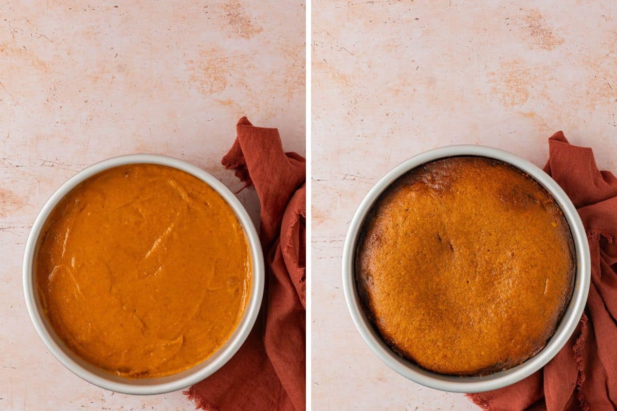 on the left side, the batter is in the cake pan; on the right side, the freshly baked cake.