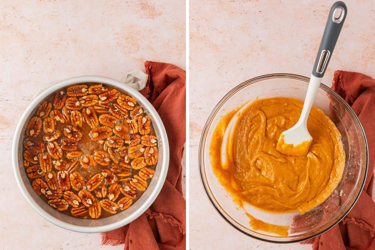 on the left side, the cake pan with pecan on the bottom; on the right side, the batter.