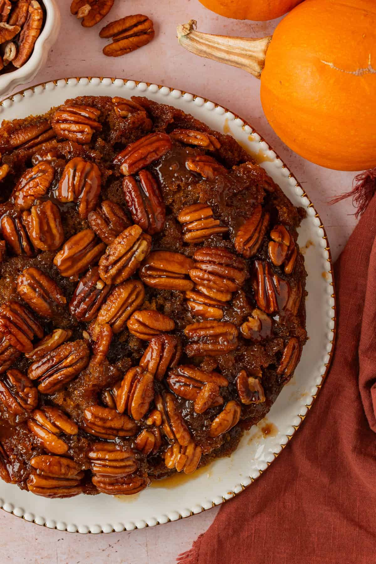 flat lay shot of the caramel pumpkin pecan upside down cake.