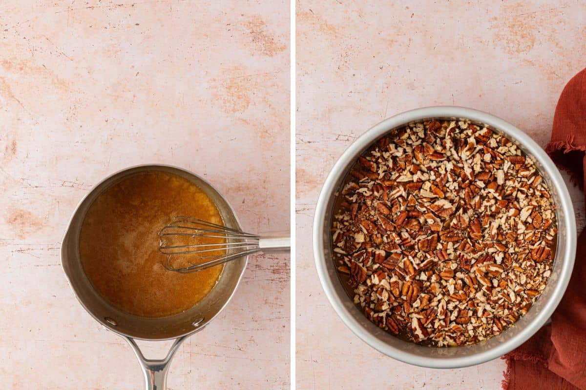 Brown sugar caramel being whisked in a saucepan next to toasted chopped pecans spread over caramel in a round cake pan.