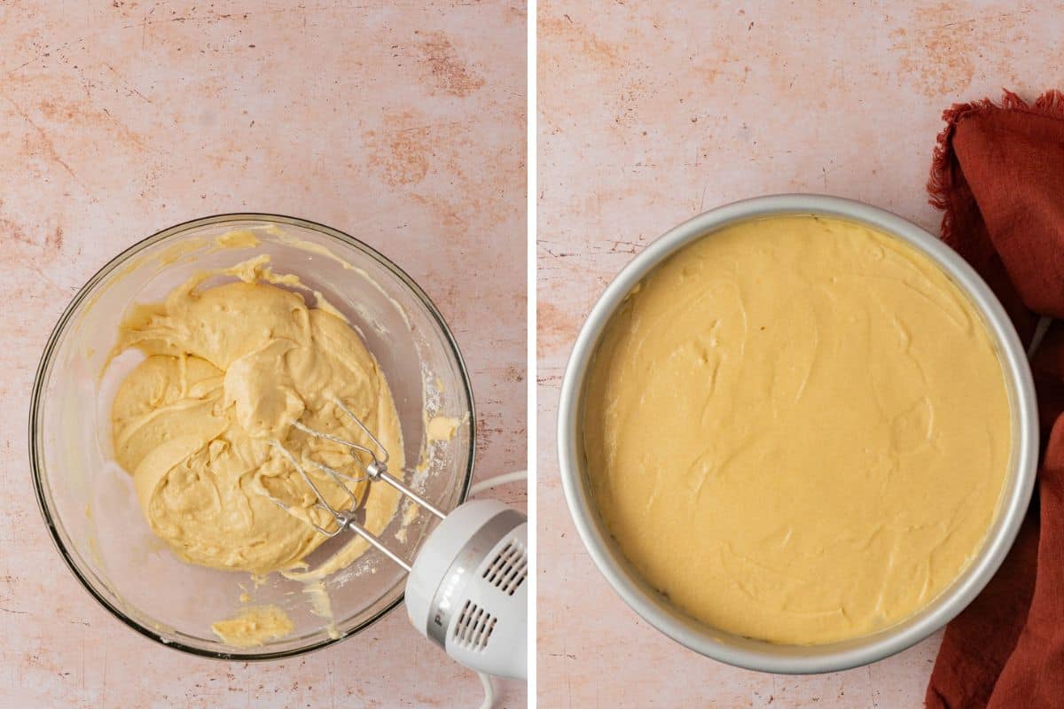 Cake batter being mixed with a hand mixer in a glass bowl next to batter spread evenly in a round cake pan over the pecan topping.
