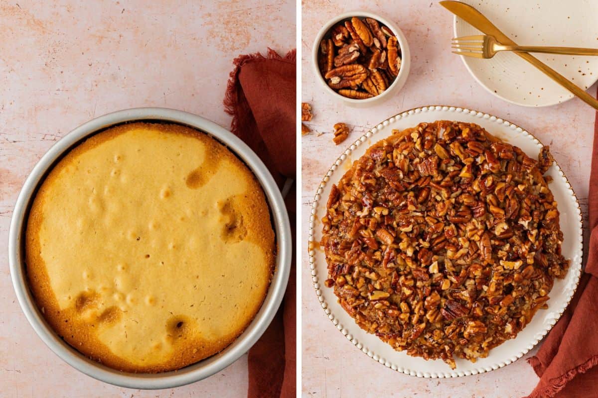 Baked cake in a round pan next to the flipped upside down caramel pecan cake on a white serving plate.